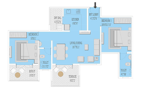 1056 L 2BHK Floor Plan