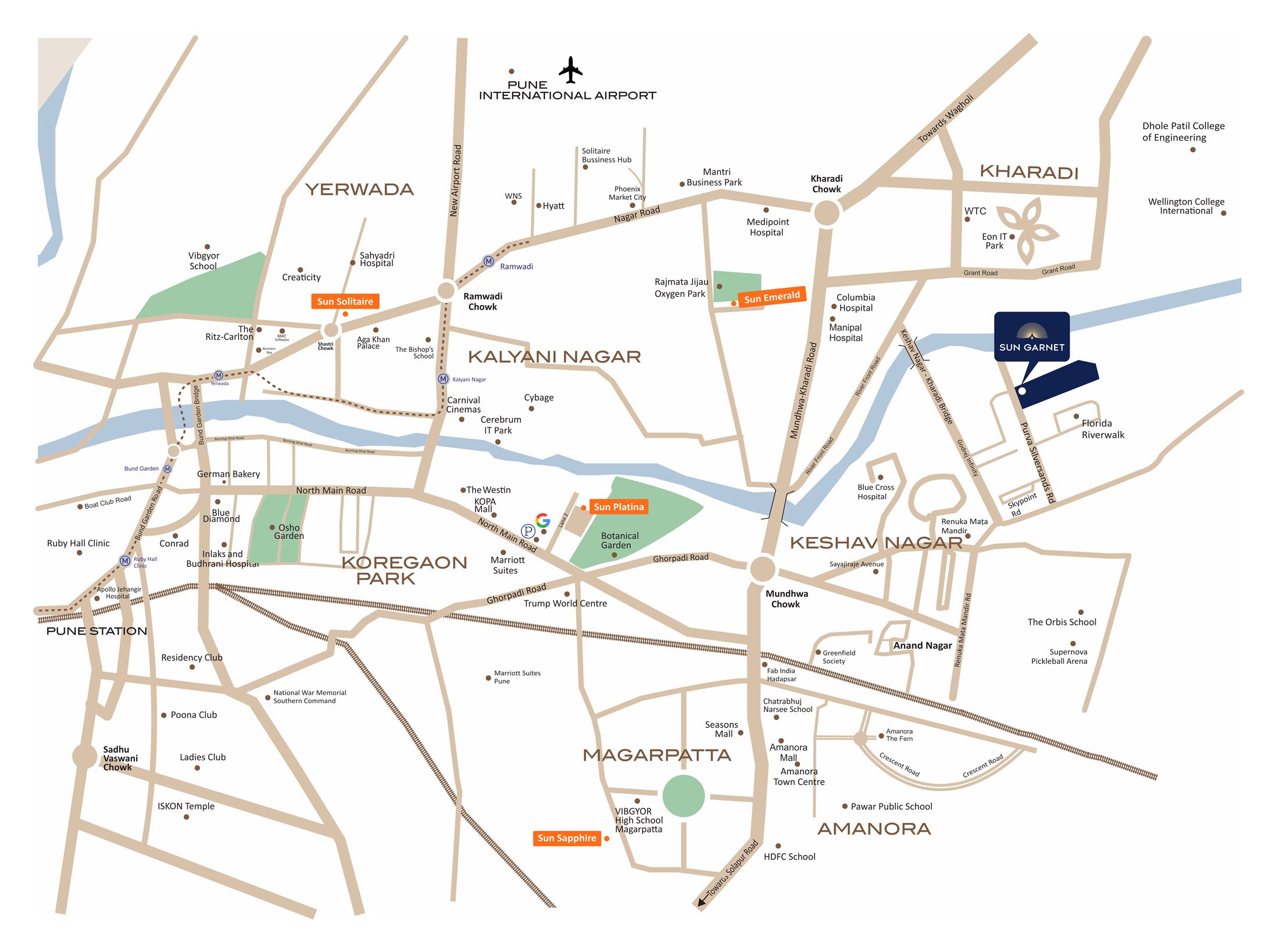 Sun Garnet location map — Keshav Nagar, Mundhwa, Pune, near Magarpatta and Amanora